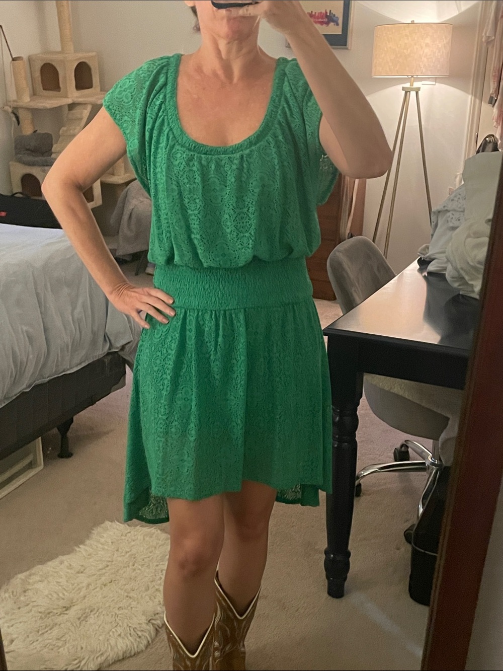 Green Lace High-Low Dress with Smocked Waist